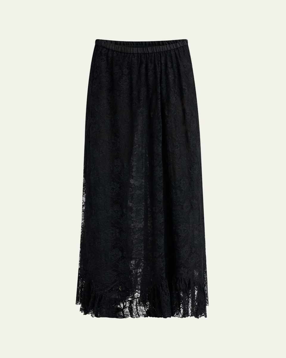 Flower Lace Ruffle-Hem Maxi Skirt